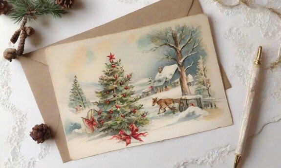 Kartka świąteczna w stylu vintage, leżąca na białym stole koło szyszek i gałązek świerku. Na kartce przedstawiona ubrana choinka stojąca na zewnątrz, w tle zimowy krajobraz.